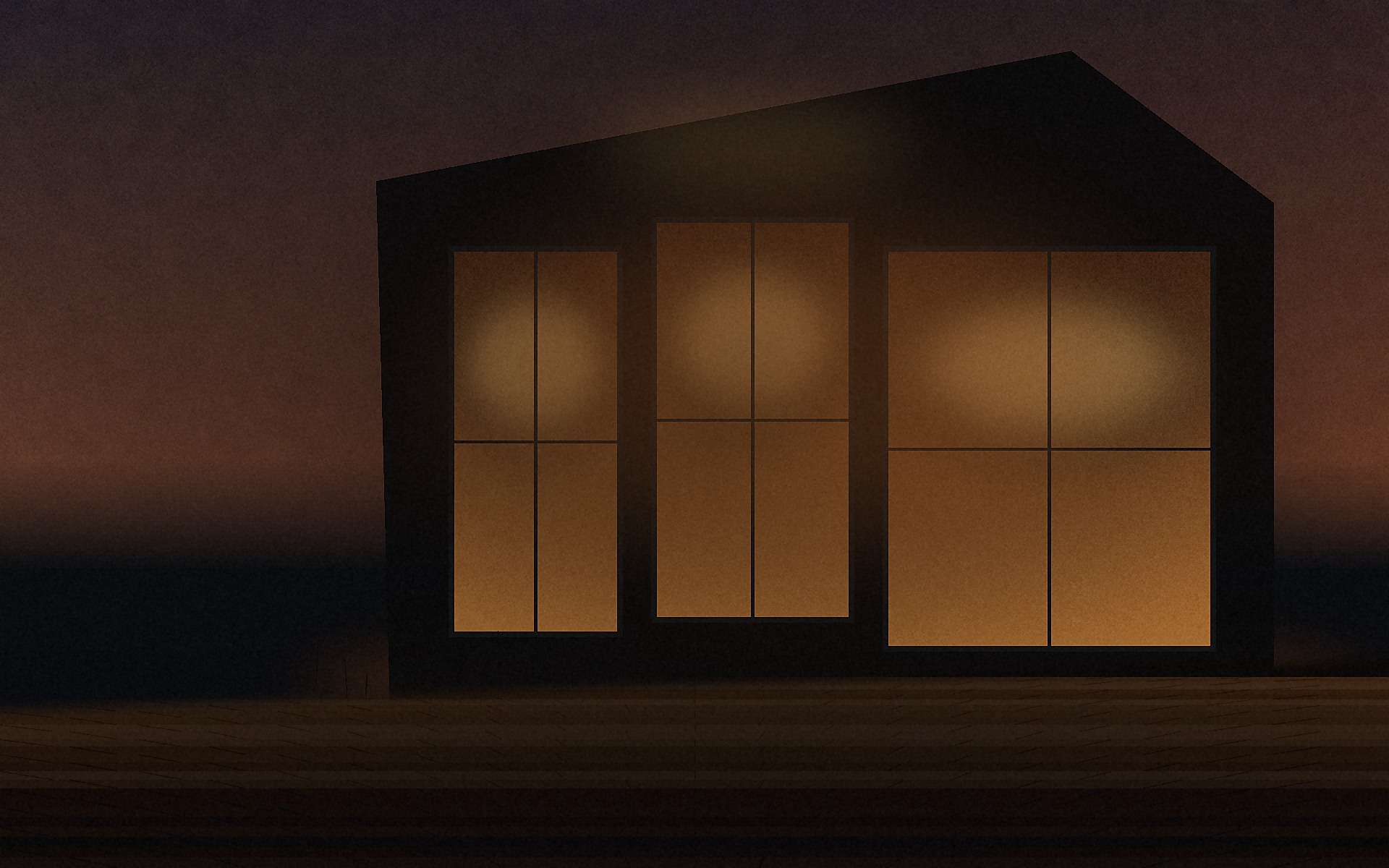 Dusk glass house with warm interior light on the coast